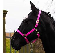 Cabestro para caballo de sangre caliente, sangre fría, cabestro de establo, cabestro de pasto, 2 posiciones ajustables en la correa de la barbilla y el cuello, seguro y resistente a desgarros (rosa,