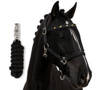 Cabestro para caballos con cuerda de guía y flecos de mosca, caballo, cabestro, pony, mazorca, sangre fría (negro, pura sangre)