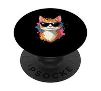 Cabeza de gato con gafas de sol y salpicaduras coloridas PopSockets PopGrip Adhesivo