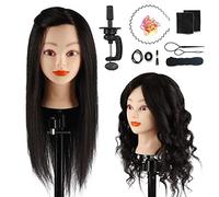 Cabeza de Maniquí, 18 pulgada 100% Cabello Real Practicas Formación Muñeca de la Cosmetología para Peluquería, Cabeza de Muñeca con Soporte de Mesa + Accesorios de Peinado, Negro