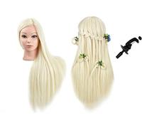 Cabeza de maniquí de pelo sintético 100 % para practicar, de 71 cm, cabeza de muñeca con abrazadera para mesa