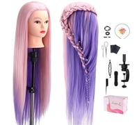 Cabeza de Maniquí de Peluquería, TopDirect 29"/75cm Cabeza Maniquí 100% de Cabello Sintética Cabeza de Muñeca para Peinar y Maquillar Practicas Formación con Soporte de Mesa y Accesorios(Rosa Violeta)