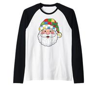 Cabeza de Papá Noel a Cuadros Happy Santa Face, Feliz Navidad Camiseta Manga Raglan