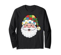 Cabeza de Papá Noel a Cuadros Happy Santa Face, Feliz Navidad Manga Larga