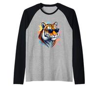 Cabeza de tigre con gafas de sol y salpicaduras de color Camiseta Manga Raglan