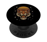 Cabeza de tigre salvaje retro con diseño de sol y estrellas PopSockets PopGrip Adhesivo