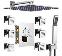 Cabeza del sistema de ducha WH Termostático Grifo de batidora de lluvia LED de 12 pulgadas con chorros de spray de spray de cuerpo de cierre El conjunto de lujo completo se puede funcionar en un