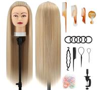 Cabeza maniquí, 66cm cabeza peluqueria Practicas Formación de la Cosmetología para trenza 100% de cabello sintéticas, cabeza de muñeca con Soporte de Mesa + Accesorios de Peinado (3-60)