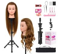 Cabeza Maniquí con Mini Trípode, Neverland Beauty 28" 60% Cabello Humano Real Practicas Formación de la Cosmetología para Peluquería, Cabeza de Muñeca con Soporte de Mesa + Accesorios de Peinado