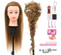 Cabeza Maniqui Peluqueria Neverland Cabeza de Muñeca para Peinar 28" 60% Cabello Real para Prácticas de Cosmetología, Entrenamiento con Pinza de Mesa + Accesorios de Peinado (Rubio)