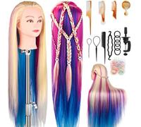 Cabeza Peluqueria, 28inch Cabeza maniquí Cabezal de peluquería de Fibra 100% sintética con Soporte + Accesorios de Peinado DIY (Colorful)