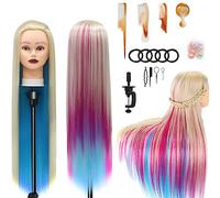 Cabeza Peluqueria, 28inch Cabeza maniquí Cabezal de peluquería de Fibra 100% sintética con Soporte + Accesorios de Peinado DIY (Arco iris)