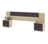 Cabezal + Dos Mesitas de Noche, Cabecero y Mesitas, Modelo Alaya, Acabado en Roble Canadian y Oxido, Medidas: 247 cm (Ancho) x 50 cm (Alto) x 38 cm (Fondo)