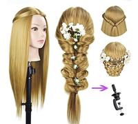 Cabezal de entrenamiento para peluquería, maniquí de entrenamiento con pelo sintético, cabeza de muñeca para practicar estilismos, con mordaza de mesa (69 cm)