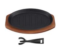 Cabilock 1 juego de plancha de hierro fundido: plancha para carne con base de madera para carne de res, mariscos y verduras - Plato para servir fajitas Teppanyaki