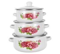 Cabilock 3 Piezas Ollas Esmaltadas Vintage con Tapa Olla Fondo Plano Antidesbordamiento Cacerola Profunda con Esmalte Floral Retro Apta para Inducción y Cocción de Guisos y Pasta