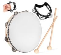 Cabilock Pandereta de Percusión de 10 Pulgadas para Adultos con 1 Baqueta de Madera y 1 Pandereta de Mano Negra de 4 Sonajas, Instrumento Musical Manual para Actuaciones y Fiestas