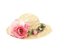Cabilock Sombrero Tejido de Paja para Mascota Tamaño S Flores Rosas, Accesorio Fotográfico y Gorra Creativa para Perros Pequeños, Adecuado para Fiestas y Uso Diario