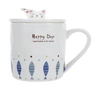 Cabilock Taza Japonesa de Cerámica con Diseño de Gato 301-400 Ml Taza de Desayuno Creativa con Tapa y Cuchara para Café y Leche Adecuado para Uso Diario en Hogar