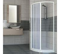 Cabina de ducha de una puerta con apertura lateral semicircular. Fabricado en PVC no tóxico autoextinguible. Reducible a través del corte del riel. Color blanco.