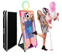 Cabina de fotos con espejo de 65 pulgadas, espejo mágico con pantalla táctil de 32 pulgadas, máquina de quiosco de cámara selfie, marco de luz RGB Loop, evento portátil de boda, fiesta, funda de vuelo