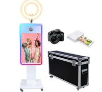Cabina de fotos con espejo mágico con pantalla táctil LCD de 32 pulgadas, funda de vuelo, mini PC integrado, luz de anillo RGB, compartir e imprimir, cabina para alquiler de eventos de boda (juego