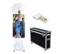 Cabina de fotos con espejo mágico con pantalla táctil y paraguas de luz suave con luz RGB, impresión de ideas y compartir para eventos y fiestas de alquiler (blanco, máquina + mini impresora)