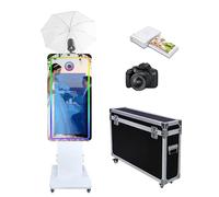 Cabina de fotos con espejo mágico de luz suave con pantalla táctil de 32 pulgadas con funda de vuelo, cabina de fotos de luz RGB para eventos de fiesta (blanco, máquina+cámara+mini impresora)