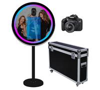 Cabina de fotos de espejo con software de aplicación, estación mágica para selfies, pantalla táctil con luz RGB y funda de vuelo con carrito para eventos (negro A, máquina + cámara)