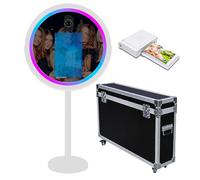 Cabina de fotos de espejo con software de aplicación, estación mágica para selfies, pantalla táctil con luz RGB y funda de vuelo con carrito para eventos (blanco A, máquina + mini impresora)