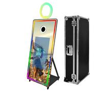 Cabina de fotos portátil con espejo mágico, soporte para selfie, pantalla táctil con anillo de luz y funda de vuelo con carrito para fiestas (negro, pantalla de 65 pulgadas (32 pulgadas)