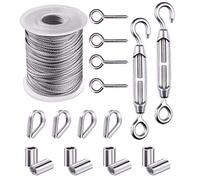 Cable de Acero Inoxidable, Alambre de Acero Inoxidable 2mm Cables de Acero PVC Revestida, Cable Acero Inoxidable 304 Cuerda Acero 15M/50Ft con Tensores Alambre/Ganchos Ojo/Dedales/Casquillo Aluminio