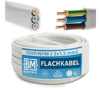 Cable de alimentación BM Electric YDYp NYM 3 x 1.5 mm² (Plano 10 × 5 mm) - Cable de cinta para alimentación a través de ventanas | Cable de instalación eléctrica | 300/500 V | Cobre macizo | Fabricado