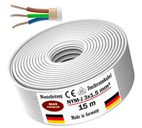 Cable de alimentación eléctrico revestido para ambientes húmedos, 5, 10, 15, 20, 25, 30, 35, 40, 50, 60, 70, 75, 80, 90 o 100 m, NYM-J, 3 hilos de 1,5 mm², para instalación fija (15 m)