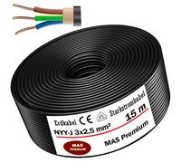 Cable de alimentación subterráneo de 5 a 100 m, NYY-J 3x2,5mm², anillo de cable eléctrico para instalación al aire libre, tierra (15 m)