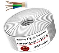 MAS Premium - Cable de alimentación NYM-J para piezas húmedas (5 a 170 m), cable eléctrico revestido de 5 x 1,5, 2,5, 4, 6, 10 o 16, con anillo fijo