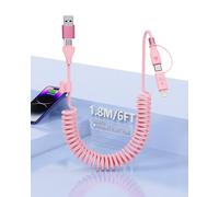 Cable de carga en espiral 4 en 1, certificado MFi, cable de nailon USB/USB-C a rayos/USB C, cables para iPhone de carga rápida 60W para iPhone 16 15 14 13 12/iPad/Android/Laptop, soporte Apple CarPlay