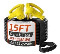 Cable de extensión de 15 pies y 50 amperios para RV/EV para exteriores con mango de agarre, 4 puntas, flexible, resistente, calibre 6/3+8/1, cable de alimentación STW RV impermeable con organizador de