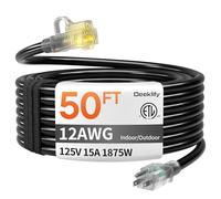 Cable de extensión impermeable de 12/3 metros con extremo iluminado, cable de extensión de calibre 12, flexible y resistente al frío, enchufe de 3 polos, 15 amperios, 1875 W