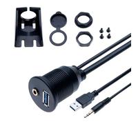 Cable de Montaje Enrasado Empotrado USB 3.0 con Extensión de 3,5 mm de 1M Hembra Impermeable Salpicadero para Panel de Tablero de Coche, Bicicleta, Motocicleta, Barco, Remolque de Camión (1 Metro)