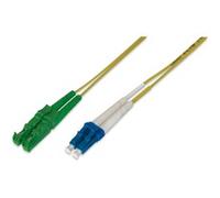 Cable de parche LWL dúplex, conector E2000 (8° APC) > LC (UPC), monomodo OS2 amarillo
