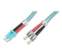 Cable de parche LWL, dúplex, conector LC > ST, multimodo OM3 turquesa