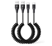 Cable en espiral USB a USB C de 6 pies, paquete de 2, cable en espiral de carga rápida de 60 W, cable de carga USB A a USB C para CarPlay y Android Auto para iPhone 17-15 Pro Max, Samsung S25, iPad