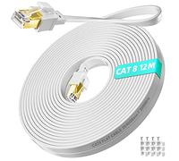 Cable Ethernet 12 metros, Cat 8 Cable de Red 12m Alta Velocidad 40Gbps 2000MHz, Plano RJ45 Cable LAN Gigabit Blindado Blanco Internet Cable de Conexión con 12 clips - para Router, Modem, Switch, PS4/5