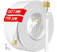 Cable Ethernet 30 metros, Plano Cat 7 RJ45 Cable de Red 30 metros Blindado, Cable Internet Alta Velocidad 10Gbps 600MHzs, Blanco Cable LAN Exterior Interior STP Gigabit, para Router Módem (30 Clips)