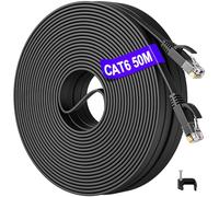 Cable Ethernet 50 Metros, Cable de Red 50m Plano Cat 6 Rj45 Alta Velocidad 10/100/1000Mbps Cable Internet Largo Gigabit Exterior Interior Negro Cable LAN para Switch, Router, Modem, PC