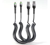 Cable Lightning en espiral, paquete de 2 [certificado Carplay y MFi], cable USB a Lightning en espiral con transmisión de datos y LED para coche, cable cargador retráctil para iPhone/Pad