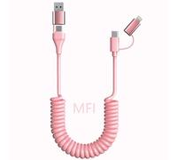 Cable Lightning USB C en Espiral 4 en 1 [Apple Carplay Android Auto], Cable USB C a USB C de Carga Rápida de 60 W Certificado MFi, Cable de Carga Multi USB C Rosa para iPhone 15 14 iPad Android
