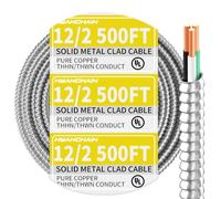 Cable MC 12/2 con tierra de 500 pies, calibre 12, 2 conductores, cable eléctrico con armadura de aluminio, cable de cobre puro sólido para instalación subterránea en interiores y exteriores