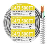 Cable MC 14/2 con tierra de 500 pies, calibre 14, 2 conductores, cable eléctrico con armadura de aluminio, cable de cobre puro sólido para instalación subterránea en interiores y exteriores
